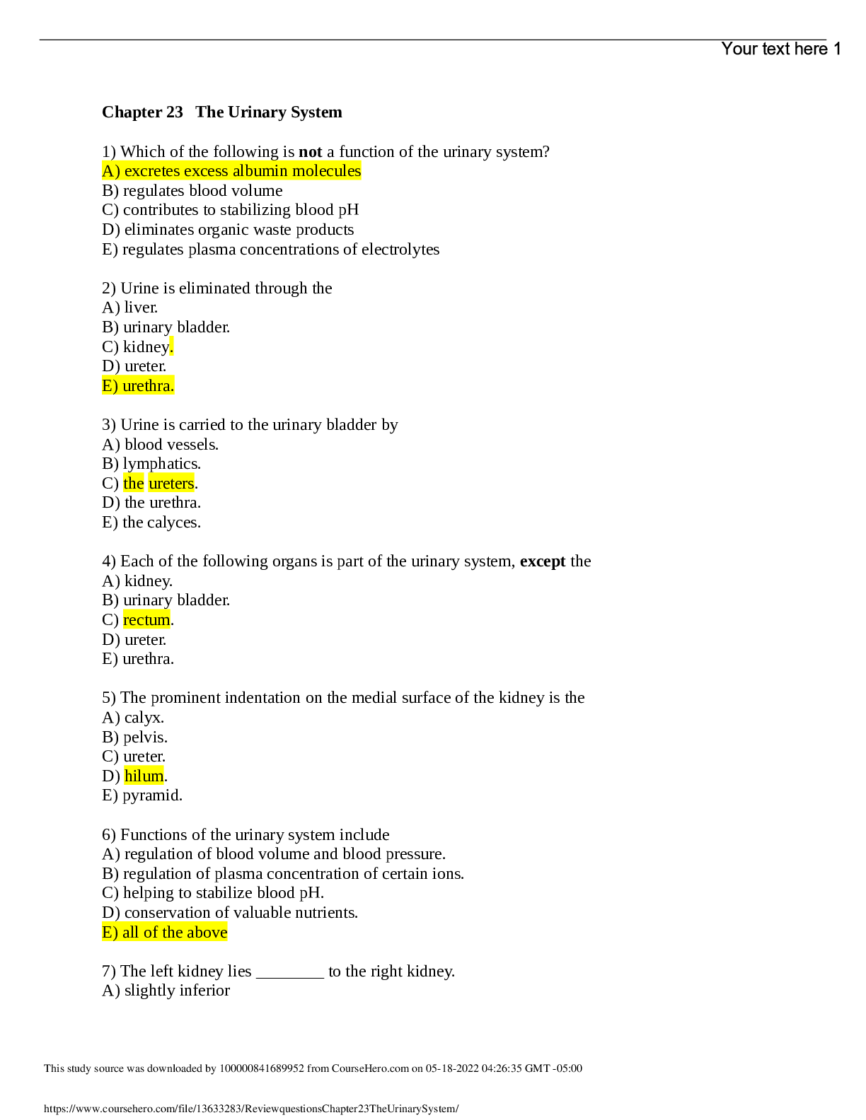 Preview of Chapter 23 The Urinary System Question and Answers